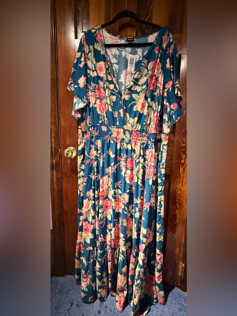 torrid Teal Floral Maxi Dress with Pink Roses - Picture 6 of 7